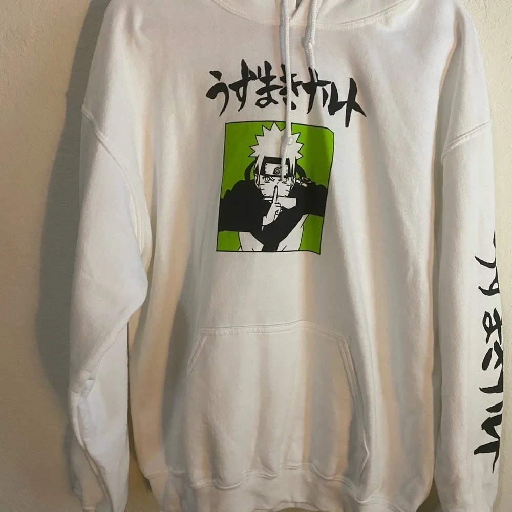 Naruto Shippuden Anime Manga Double Sided Graphic Hoodie White Sweatshirt L